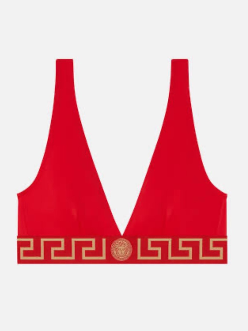 Versace Red Plunge Bralette with Gold Medusa elastic band.